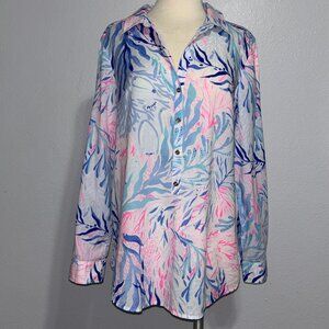 Lilly Pulitzer Women’s S Cotton Tunic Top Button Front Pink Blue Tropical Print